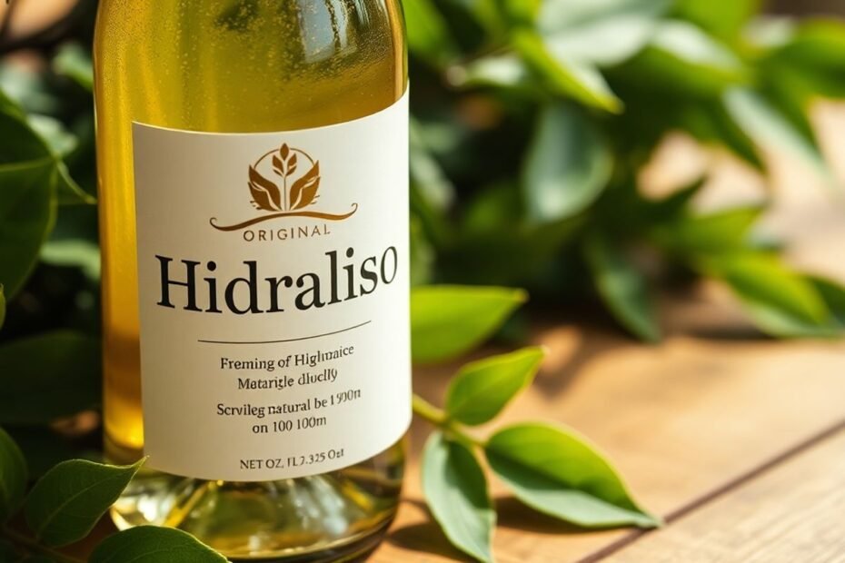 Frasco de Hidraliso original com folhas verdes ao redor.