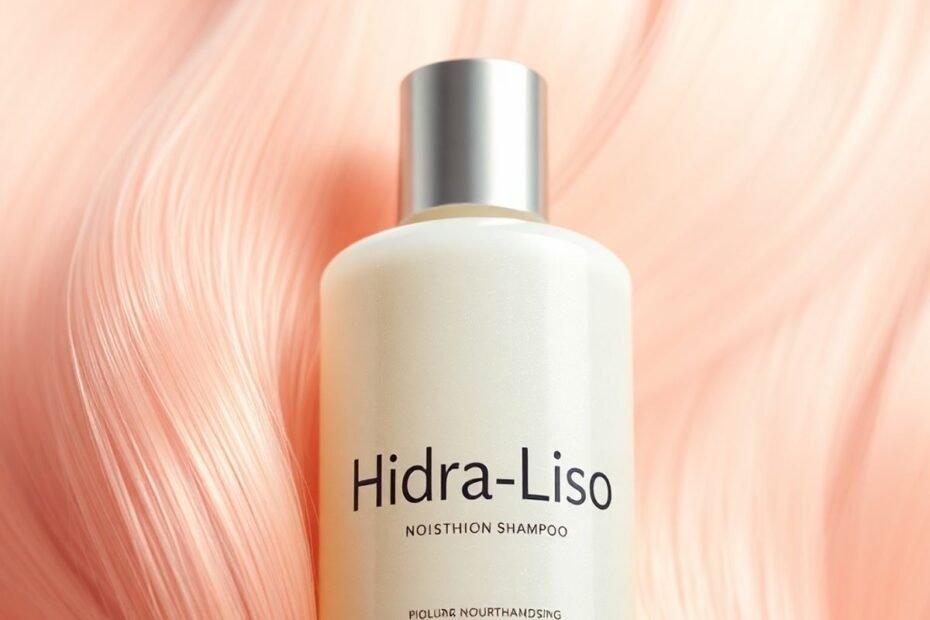 Frasco de shampoo Hidra-Liso em fundo suave.